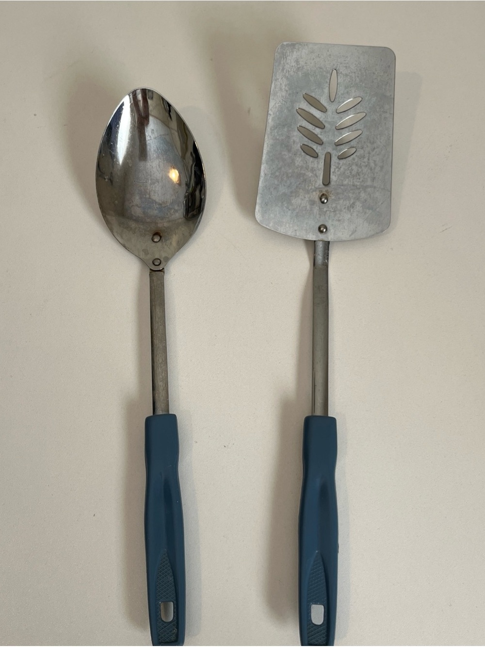 Blue Handle Stainless Steel Spoon and Slotted Turner Utensils